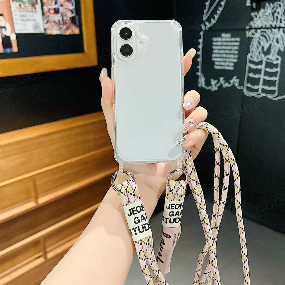 Étui de téléphone transparent avec lanière et collier en bandoulière pour iPhone 15 16 14 Pro Max 14 13 12 11, housse de protection antichoc à coussin d'air_voghion.com