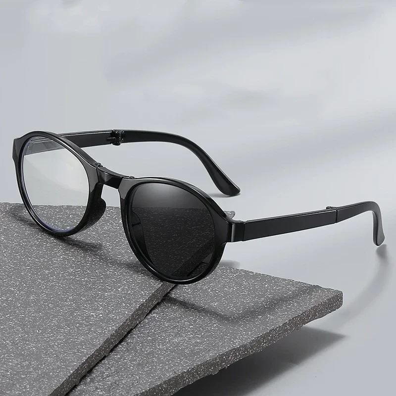 Round Frame Color Changing Reading Glasses with Box New Style Folding Photochromic Presbyopia Sunglasses with Diopter 0 To +4.0 3