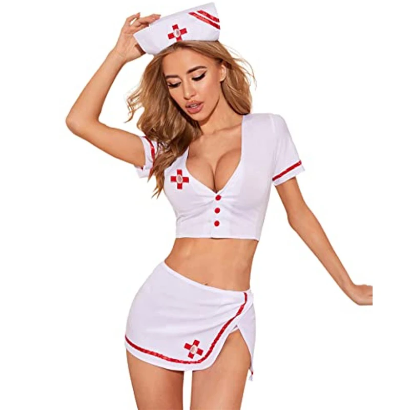 

Sexy Naughty Nurse Cosplay Costume Woman Lingerie Babydoll Erotic Uniform Halloween Cute RolePlay Outfit Crop Top Mini Skirt Set