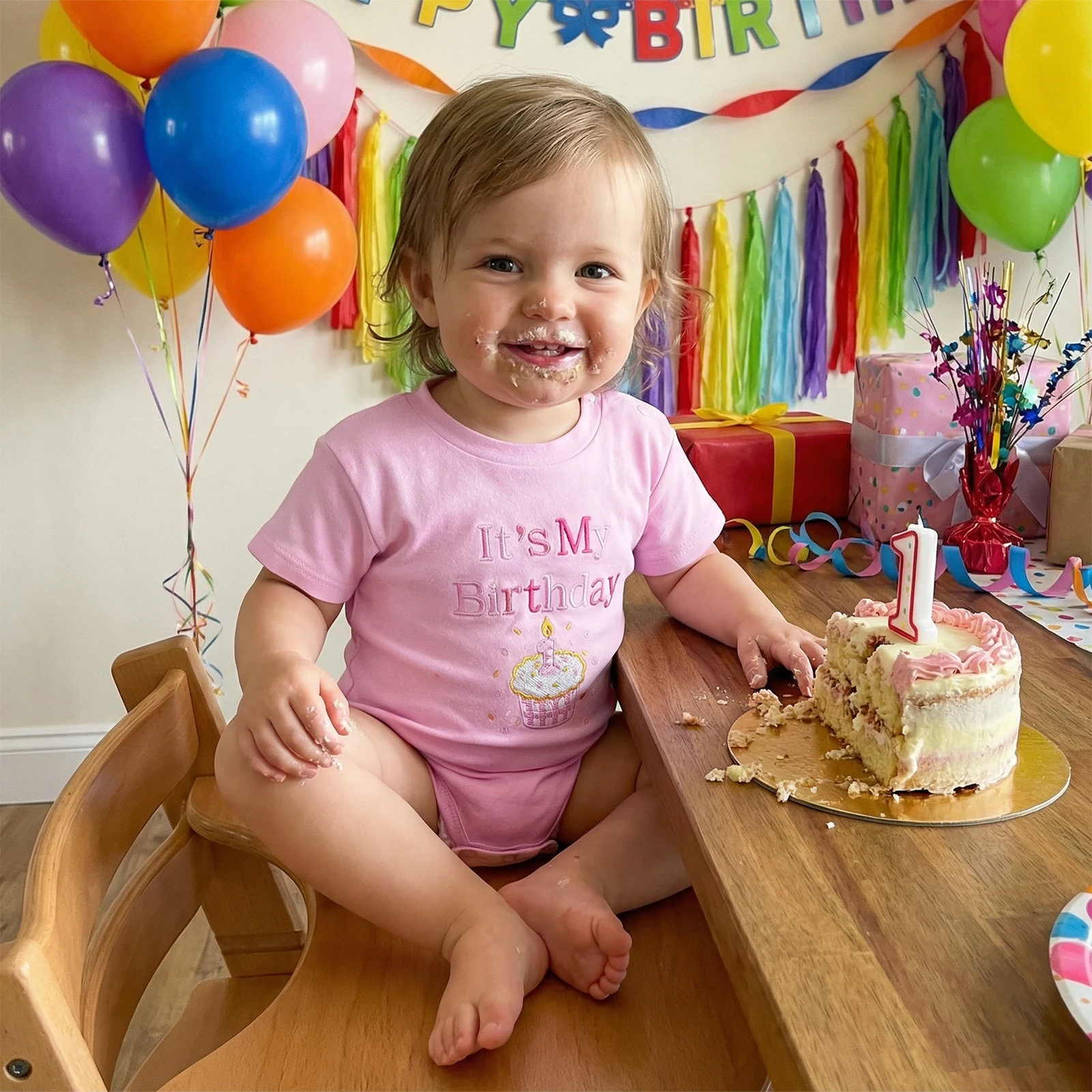 Pudcoco 베이비 보이즈 소녀 생일 롬퍼 반팔 크루넥 케이크 자수 바디 슈트  플레이 슈트 6M-18M