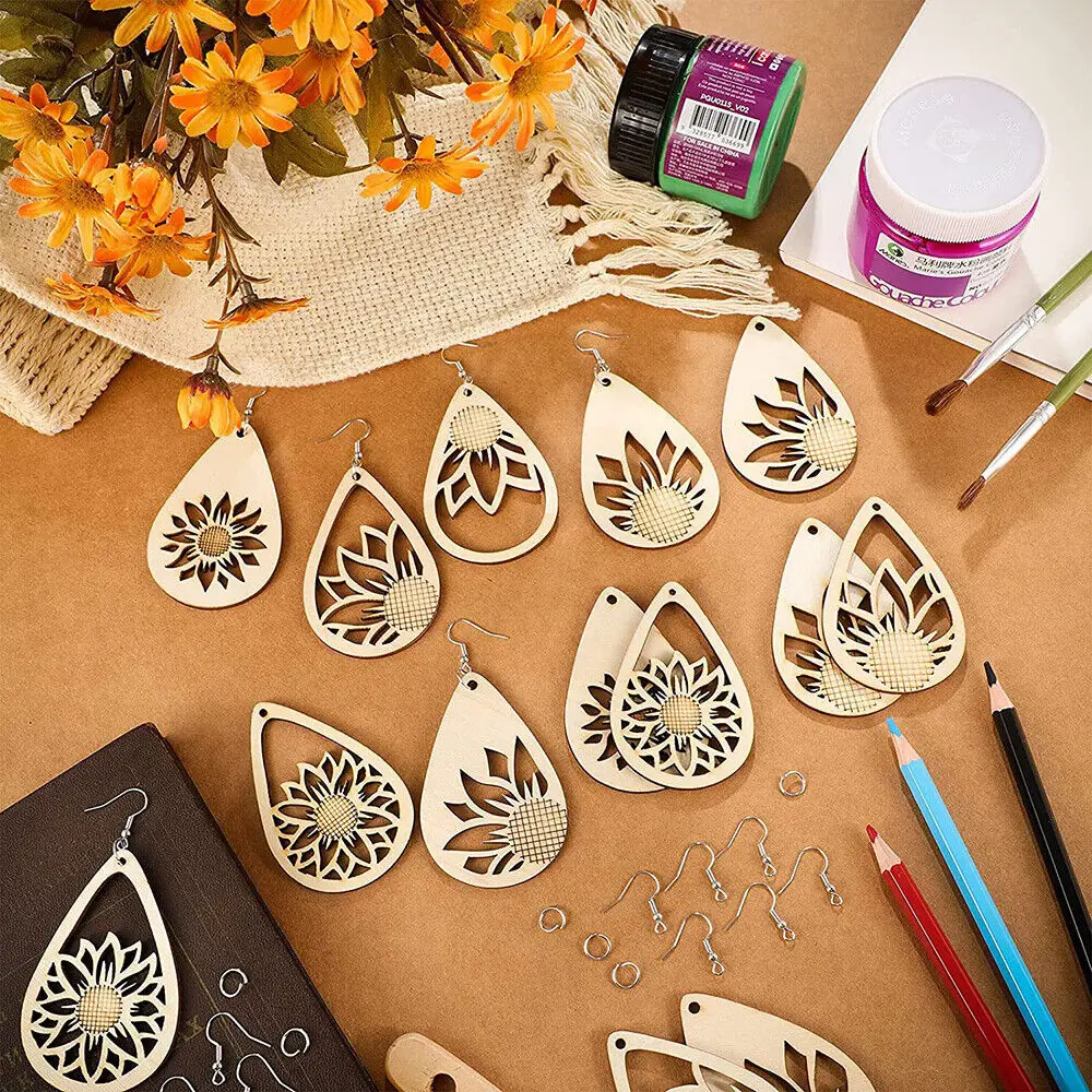 182Pcs Wooden Earrings DIY Unfinished Wooden Earring Drop Pendant Ring Jewelry 1