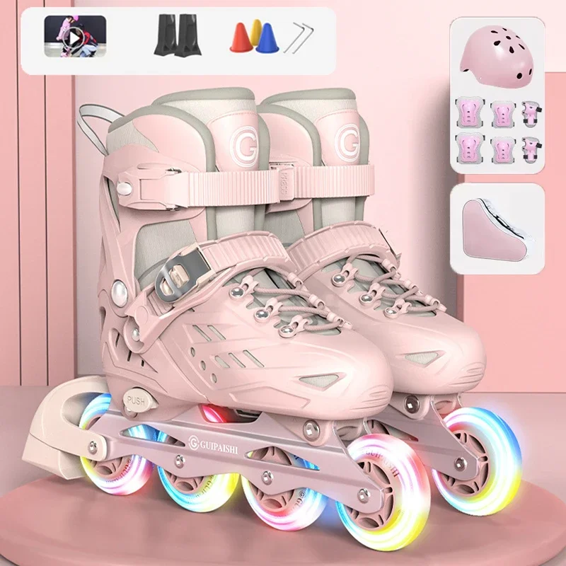 Inline Roller Skates with Helmet Elbow And Knee Pads Shoe Bag Set Flash 4 Wheels Adjustable for Boys Girls kids roller shoes