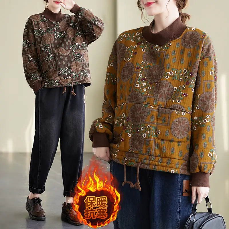 

Винтажный плюшевый свитер с этническим принтом для женщин, дизайнерский пуловер с резьбовым сращиванием и полувысоким воротником, рубашка, джемпер, топы T806