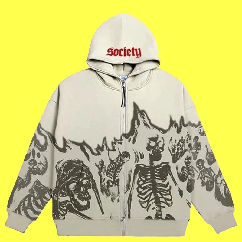 Men Anime Skull Hoodies Women Vintage Gothic Zip Up Long Sleeve Streetwear Loose Coats Harajuku Letter Print Hooded Sweatshirts