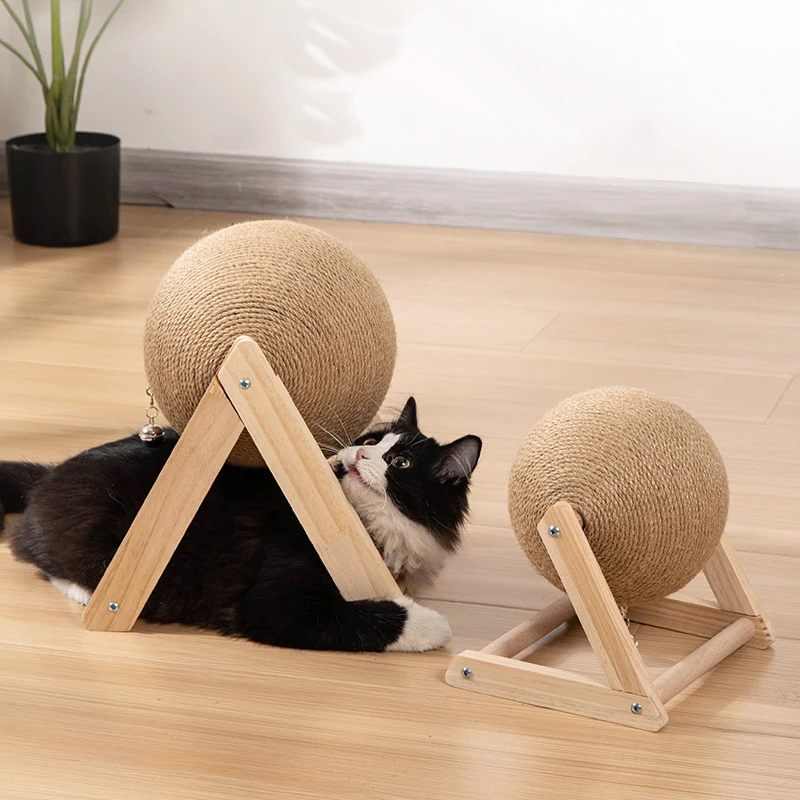 CatScratcherToyPetScratchingBallWoodStandKittenSisalRopeBall