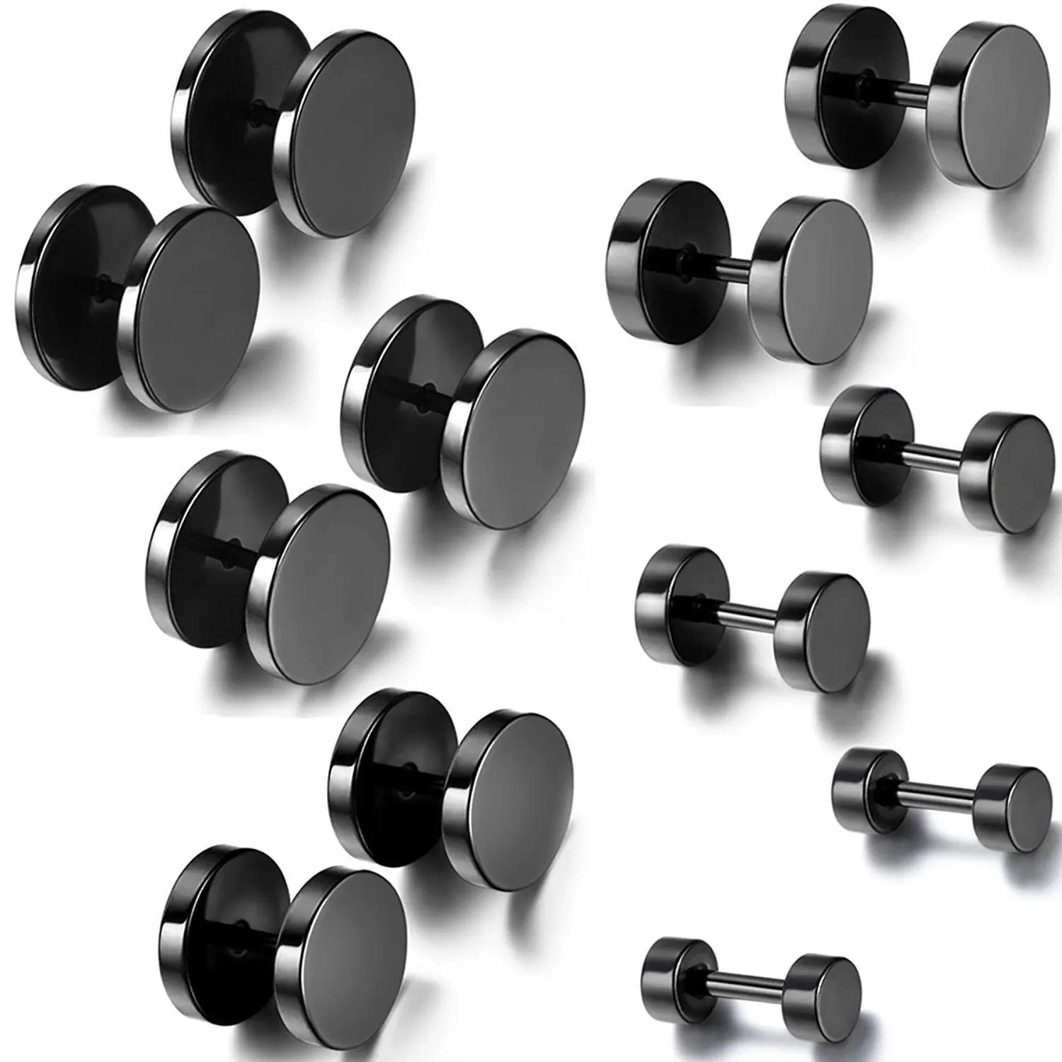 12PCS 6 Pairs 4 14mm Stainless Steel Black Stud Earrings for Women Men