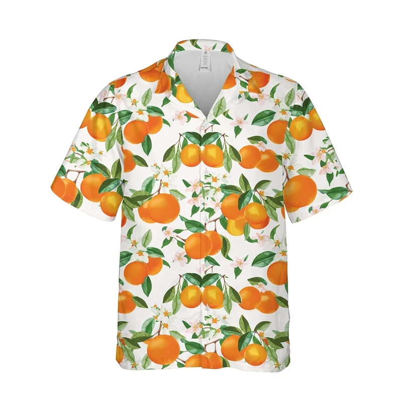 

Гавайская Мужская рубашка с короткими рукавами, модная повседневная футболка на пуговицах, с 3D принтом фруктов, апельсинов, фруктов, лацканов, лето