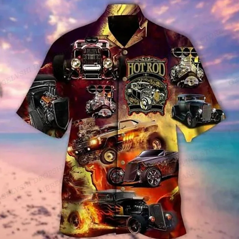 Men's Hawaiian Shirt Car Graphic Print Shirts Men Fashion Casual Beach Blouse Vocation Lapel Motorcycle Camisa 4