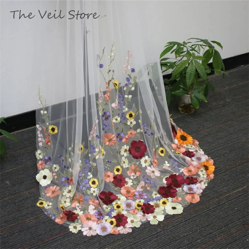 Bridal Wedding Veils MultiColoured 3D Flowers Floral With Comb White Ivory Tulle Embroidered Colorful Unique Purple Yellow Pink
