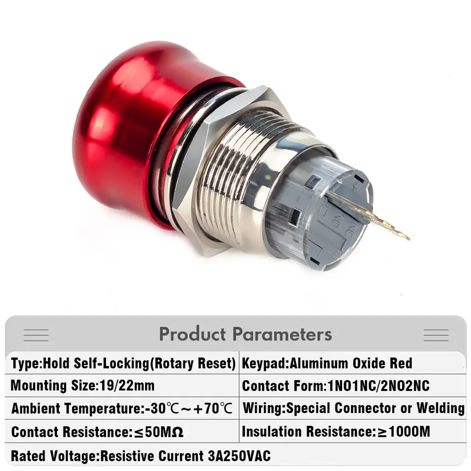 19/22mm Metal Emergency Stop Button Switches 12V 24V 220V Latching Knob Rotary Switch Waterproof Socket Power-off Stop Momentary image 2