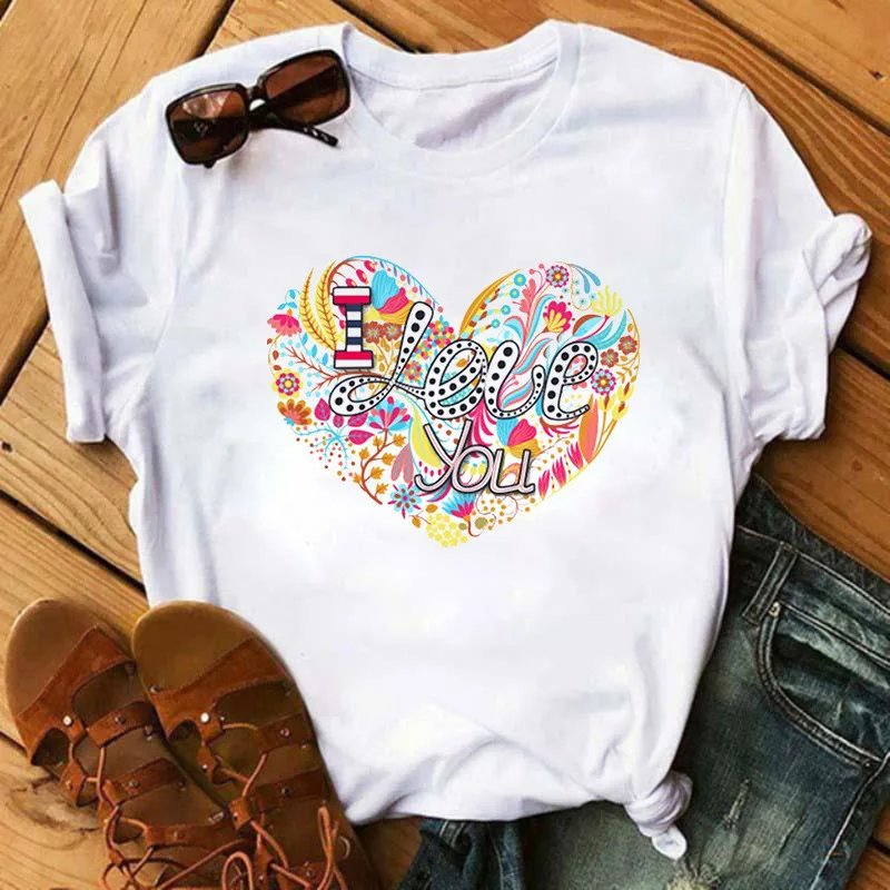 

I Love You Colorful Heart Print Women T Shirt Short Sleeve O Neck Loose Women Tshirt Ladies Tee Shirt Tops Camisetas Mujer