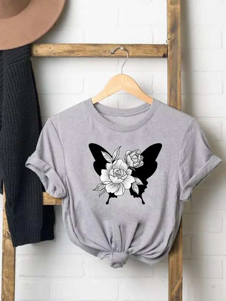 

Short Sleeve Women Graphic T-shirt Summer Clothes Fashion Flower Lovely Butterfly Trend O-neck Tee Top Clothing Print T Shirt
