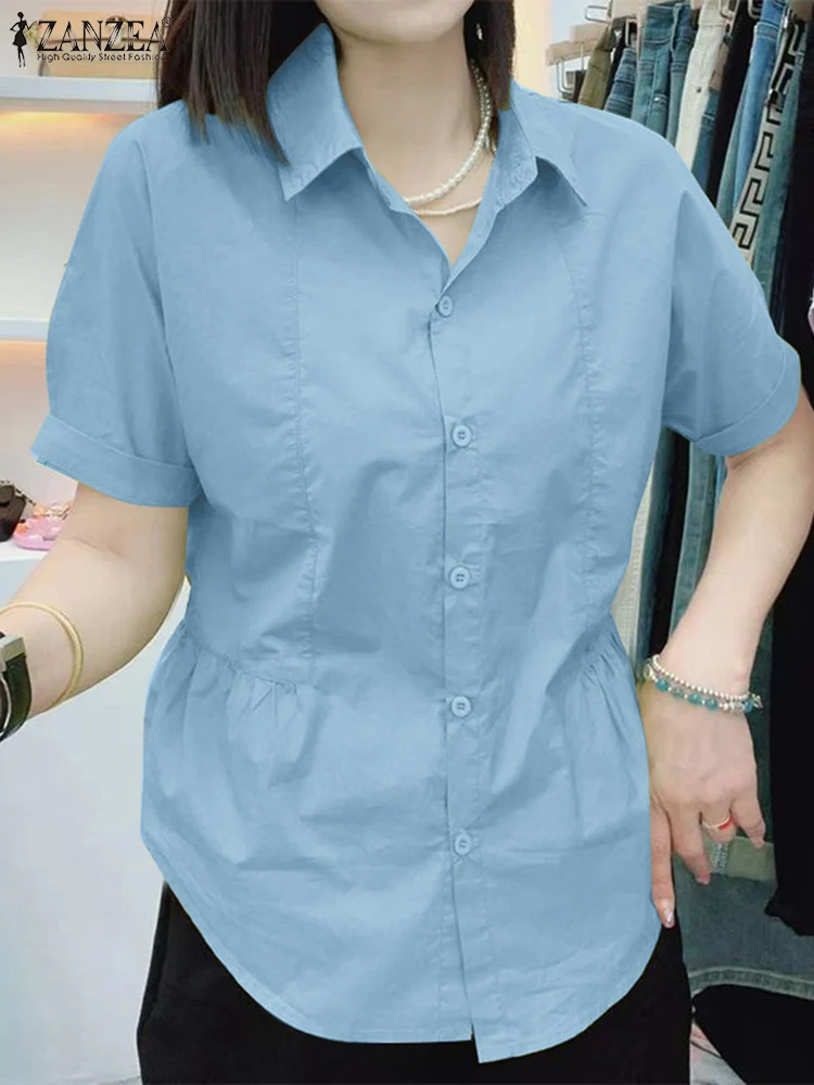 

Рубашка ZANZEA Женская Повседневная, шикарная блузка с присборенным подолом, на пуговицах, с отложным воротником, однотонная Стильная сорочка, лето 2024