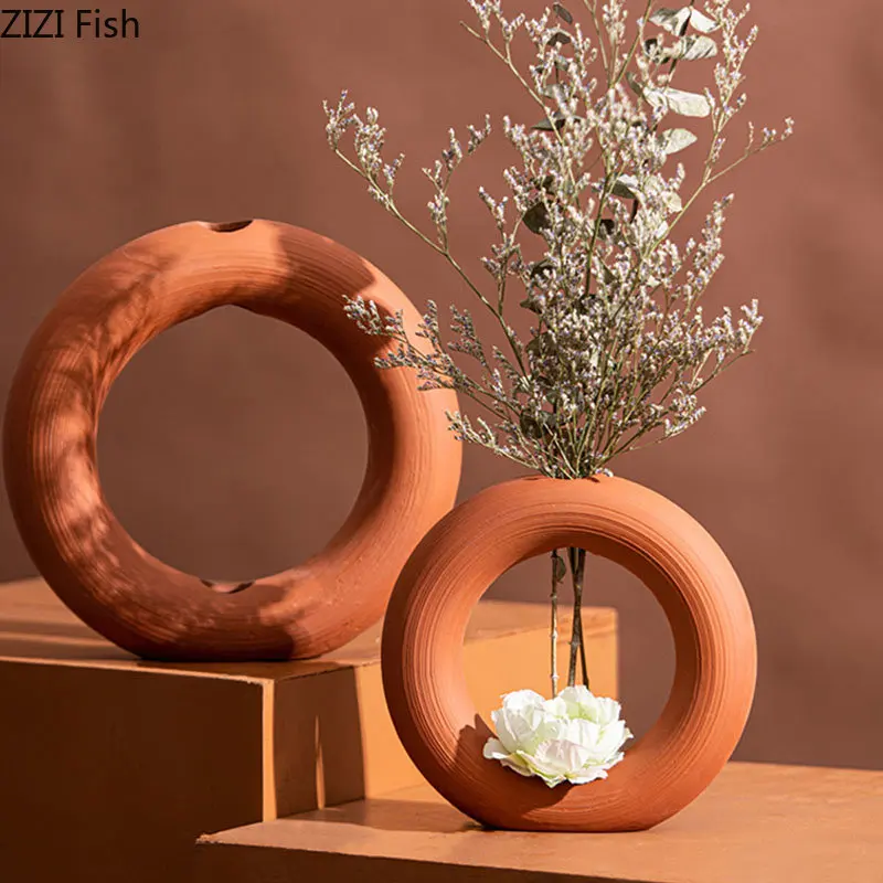 Orange Circle Ring Ceramic Vase Flower Pots Decorative Flower Arrangement Desk Decoration Ornaments Minimalism Floral Vases 2