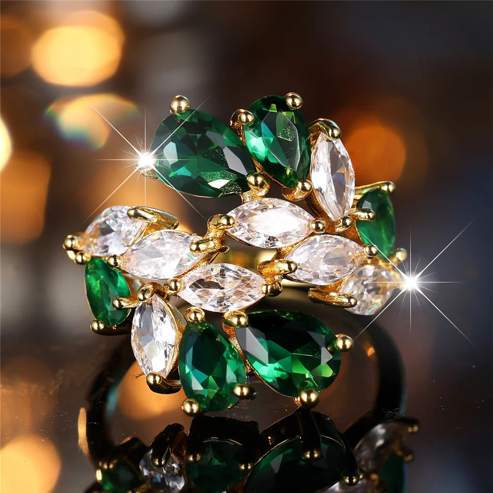 Luxury Female White Green Zircon Stone Water Drop Finger Ring Vintage Gold Color Wedding Band Bridal Jewelry For Women