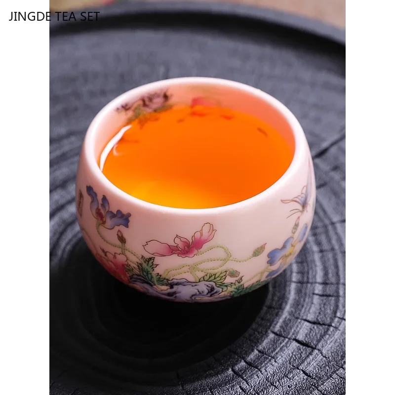 1PCS 150ML Boutique Ceramic Tea Cup Yangzhi Jade Masters Single Cup Handmade Pink Retro Chinese Beauty Tea Set