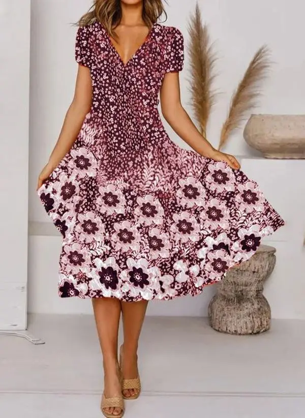 

Clothing Women's Mid Waist Digital Print V-Neck Short Sleeve Dress Fashion Casual Party Summer Female & Lady 2023 New