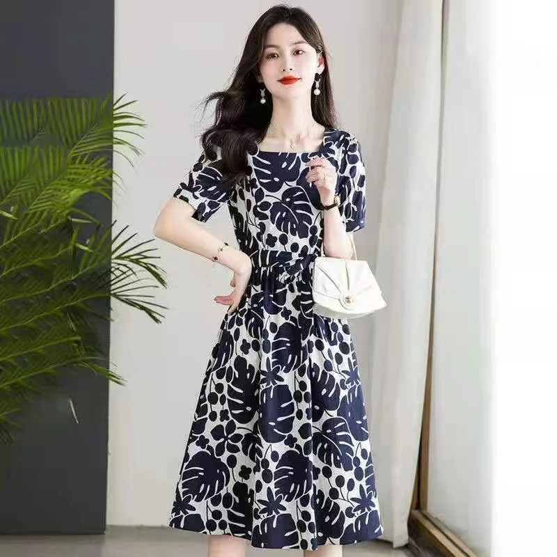 

New Women Office Lades Short Sleeves Plus Size Sundress with Belt 2023 Summer Elegant Chic Slim Floral Blue Casual Long Clothing