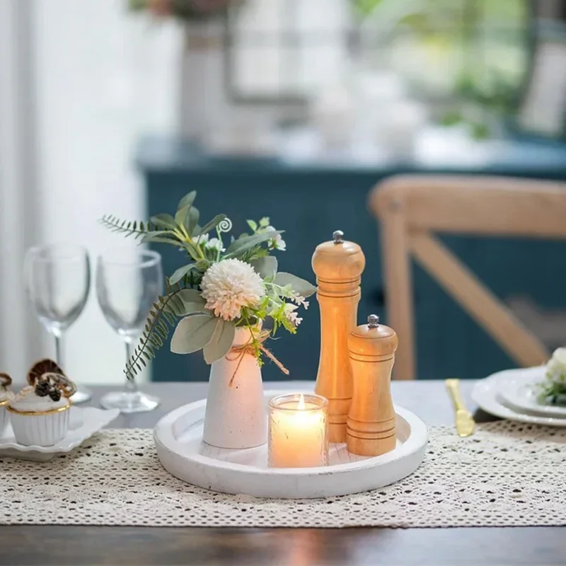 Decorative Wooden Serving Tray Rustic Round Wood Plate Vintage Centerpiece Candle Holder Tray Kitchen Countertop Ottoman