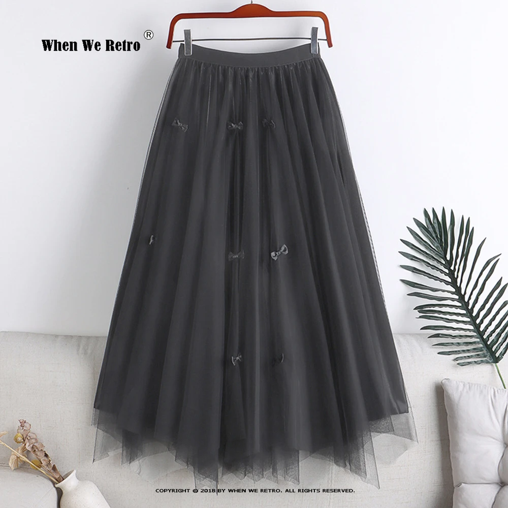 

Irregular Tulle Skirt Sweet Korean High Waist Midi Long Pleated Skirt Reversible Coffee Black Mesh Skirts With Bow RS048
