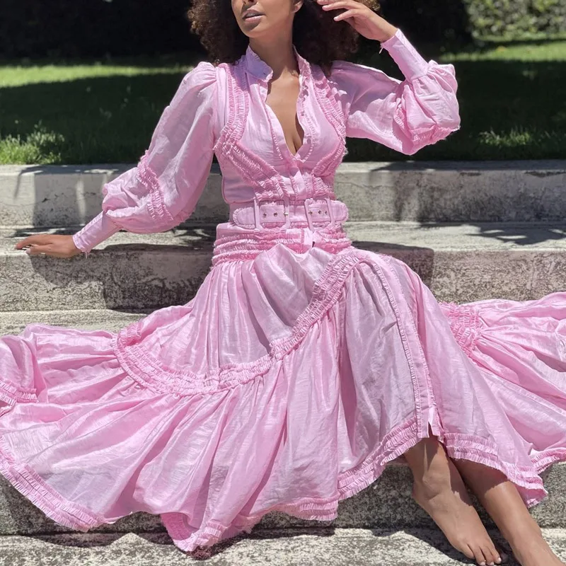 

Runway Designer Long Party Dress Women Single Breasted Ruffles Lantern Sleeve Long Dresses With Belt Pink White Green Stand F080