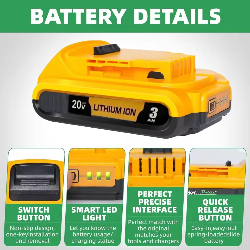 20V 3000mAh DCB200 Li-ion Rechargeable Battery For Dewalt DCB203 DCB181 DCB182 DCB201 DCB201-2 DCB205-2 L50 powertool 5