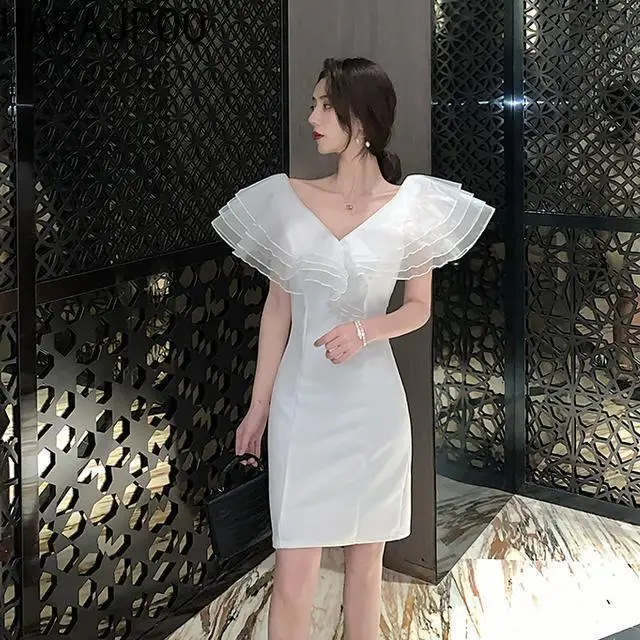 

Harajpoo Fashion New Socialite Style Layered Fairy Organza Splicing Temperament Sexy V-neck Party Dress Slim Fit Party Vestidos