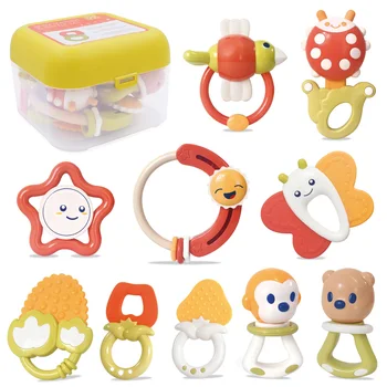 10PCS Baby Rattle 0-12 Months Newborn Soft Bell Teether Hand Shaking Crib Mobile Ring with Storage Box Christmas Educational Toy 1