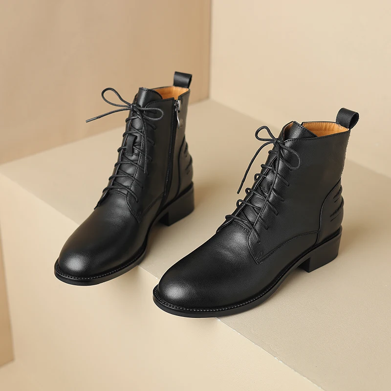 Split Leather Women Boots Hot Sales Autumn Shoes for Women Winter Handmade Boots Square Toe Chunky Heels Shoes Zapatos Mujer