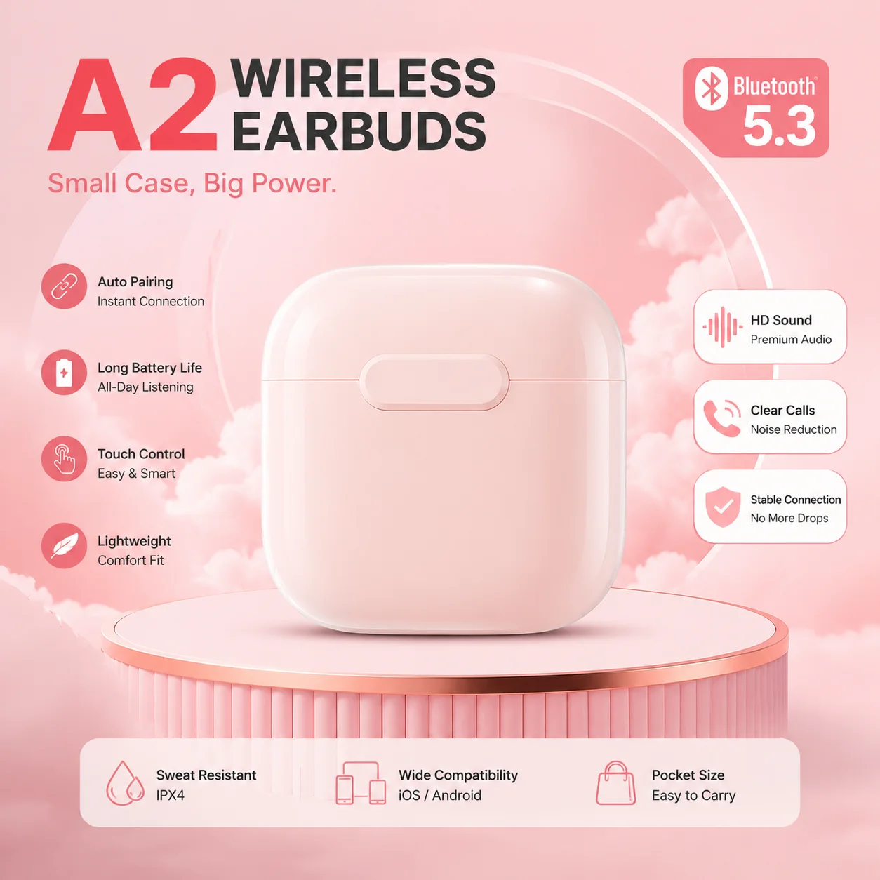 Premium Wireless Bluetooth 5.3 Noise-Cancelling Stereo Earbuds with Touch Control