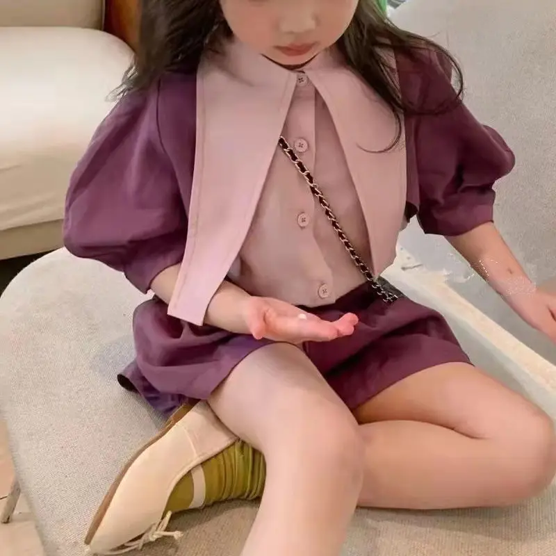 

Sets Suits O-neck Collar Short Sleeve Regular Length Single Breasted Elastic Waist Abve Knee Length Simple Summer Children Girls