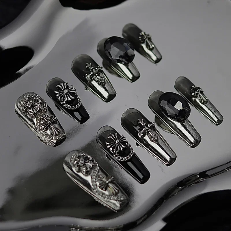 

Handmade 10pcs Press on Nails Wearable lack Long False Nails Y2K Reusable Full Cover Artificial Luxury Charm Design Art Nails