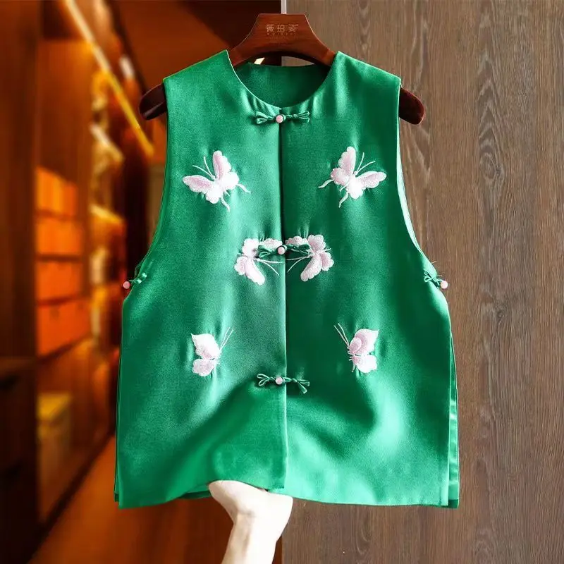 Chinese Vintage Style Top Women Tang Clothes Embroidery Butterfly Qipao Lady Mandarin Collar Vest Modern Cheongsam Top