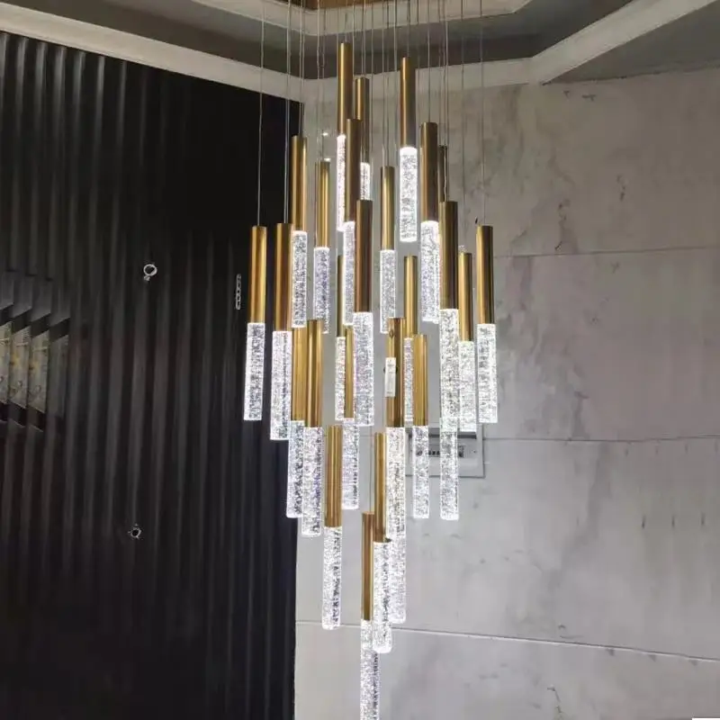 

New Long Crystal Strip Chandelier Pendant Light Modern Luxury Villa Duplex Building Spiral Staircase Decor Gold Led Hanging Lamp