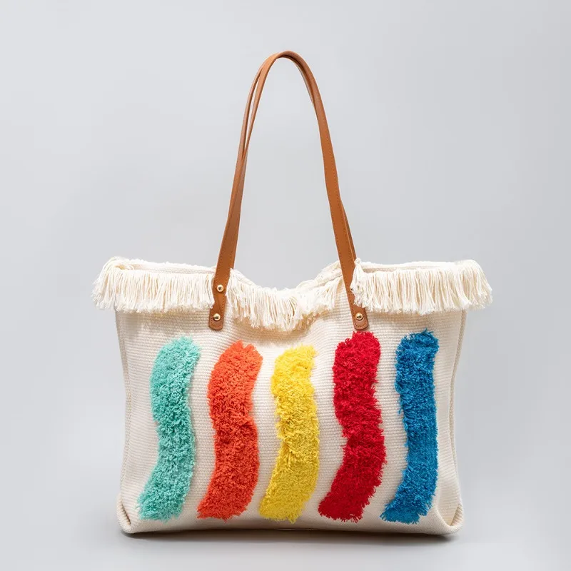 Summer Large Capacity Canvas Tote Bag Fashion Rainbow Pattern Ladies Handbag OL Daily Commuter Tassel Shoulder Bag Sac A Main