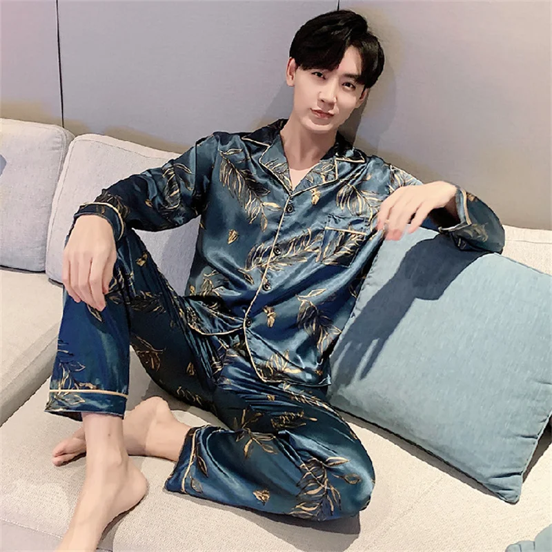 Spring Autumn Men's Thin Imitation Silk Pajamas Long Sleeve Cardigan Pants Oversized Casual Home Clothing Set Jacquard Sleepwear