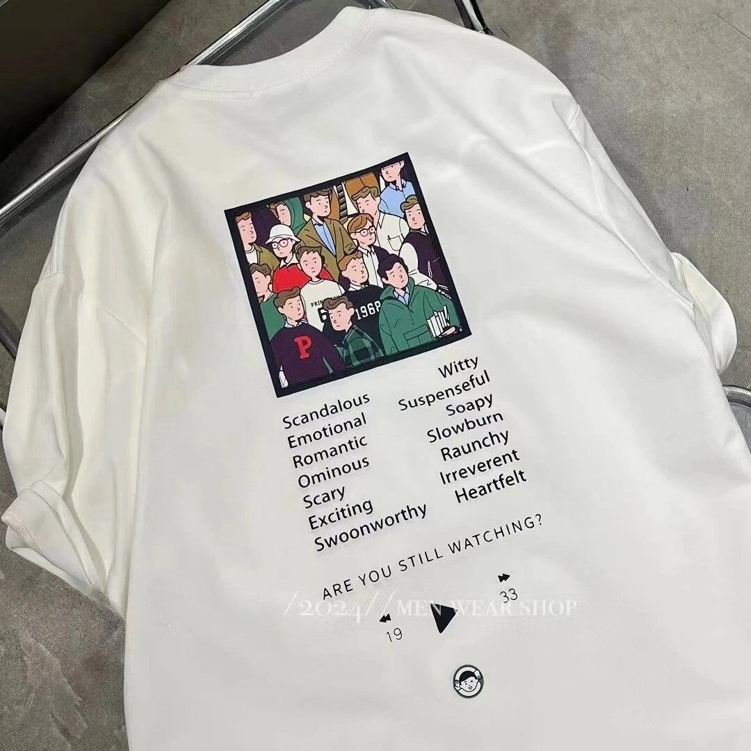 

Korean new style national trend small neckline cartoon pattern pure cotton short-sleeved T-shirt men loose versatile retro top