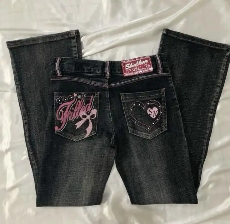 Gothic Hot Sweetheart Jeans Y2K Clothes Hip Hop Love Letter Graphic Retro Baggy Jeans Smart Casual High Waist Wide Leg Trousers 1