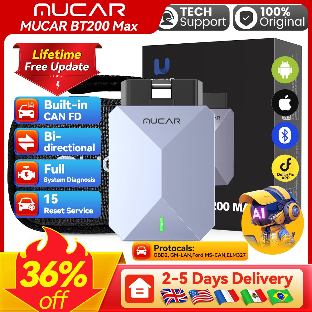 MUCAR BT200 Max OBD2 Scanner Bluetooth, CAN FD tous les systèmes outil de Diagnostic actionneur bidirectionnel15 réinitialiser la mise à jour gratuite à vie