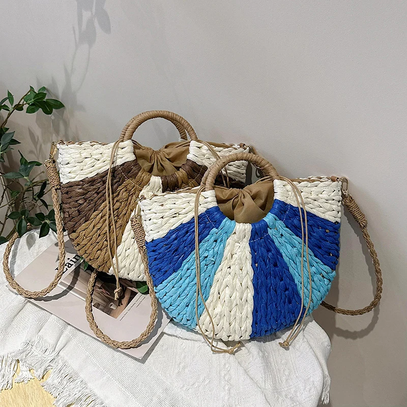 

Women Summer Straw Bag Splicing Beach Bag Large Capacity Lady Handbag Top Handle Tote Bag Vacation Beach Shoulder Shopper Bag