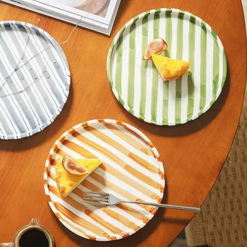 Nordic Ceramic Plate Striped Creative Western Food Dinner Dishes Plates Breakfast Dishe Dessert Plate Coffee Tableware Mug Set