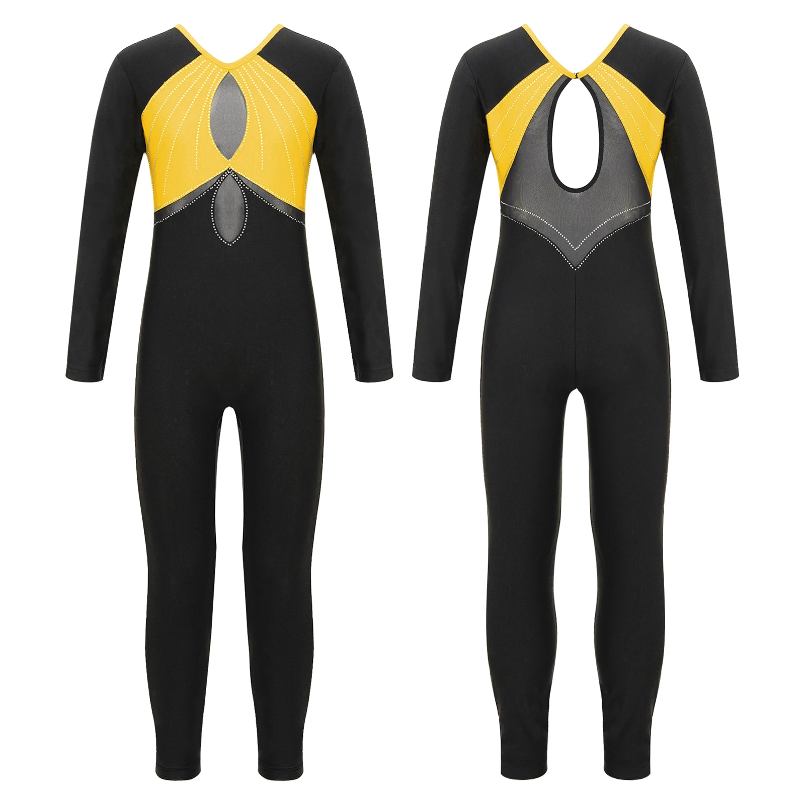 Bambini Ragazze Pattinaggio Di Figura Tuta Danza Classica Body Acrobazie Ginnastica Performance Costume Manica Lunga Strass Body