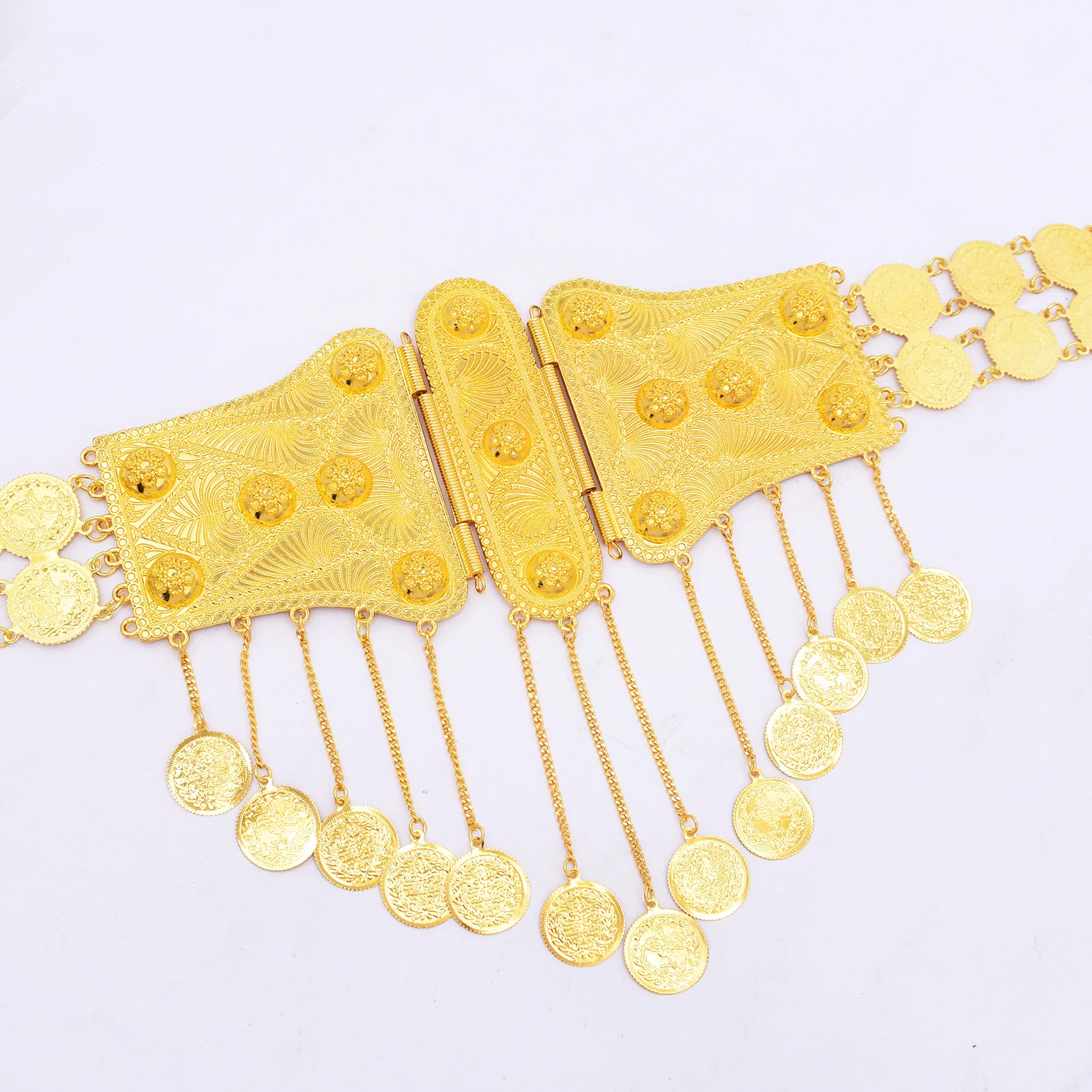 Vergoldete Legierung, geschnitzte Münzen, Quaste, breite Taille, Kette, Bauchgürtel, hohler Schmetterling, Kurdisch, Indien, Türkei, traditioneller Schmuck – Detail 16