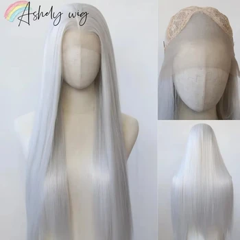 Silver Synthetic Lace Front Wig 13 x 4 White Long Straight Lace Front Wig Pre Plucked Heat Resistant Hair for Daily Use Cosplay 1
