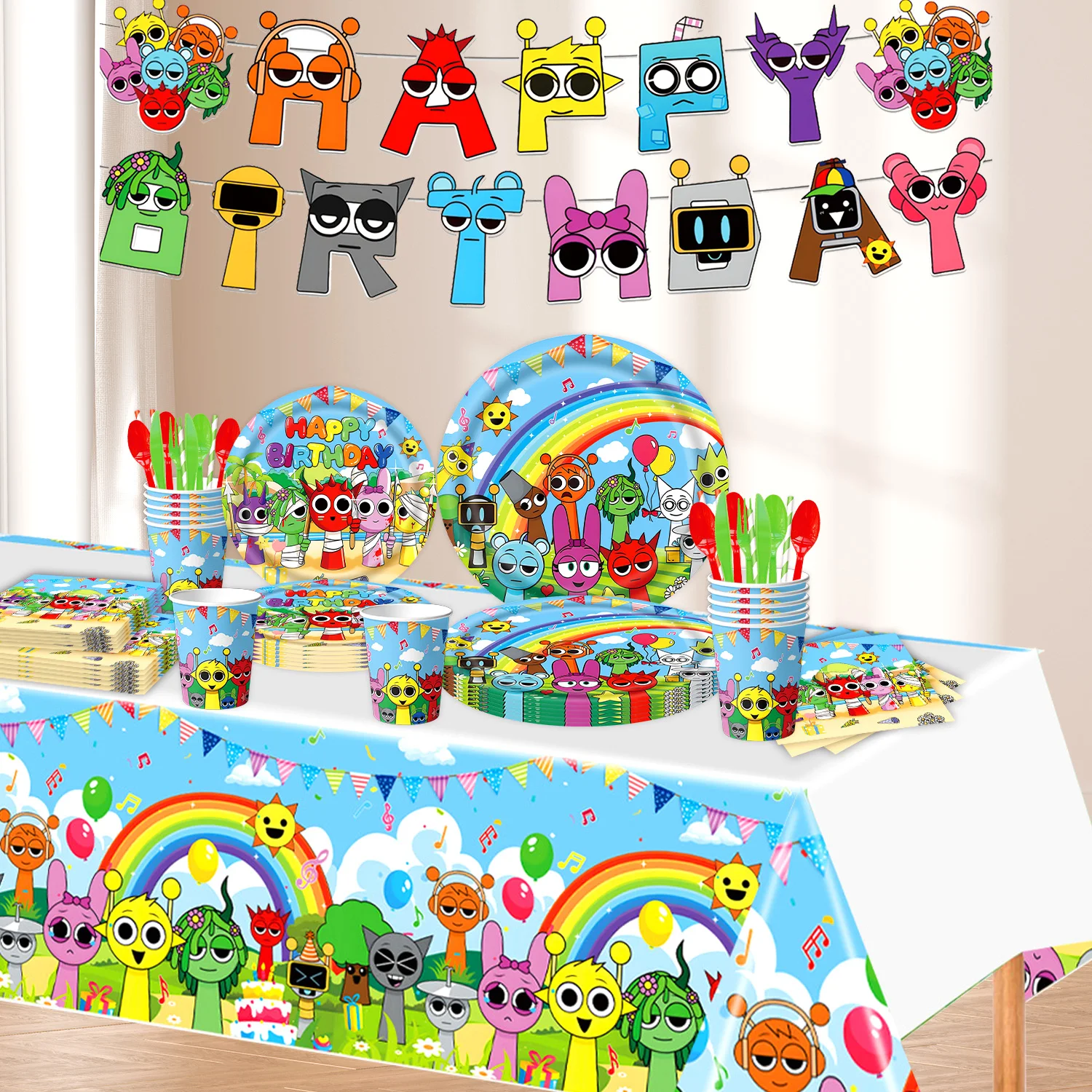 Sprunki Birthday Party Supplies Birthday Party Decoration Incredibox Set Tableware Tablecloth Balloon Cake Topper Backdrop Baby Showe Kid Party