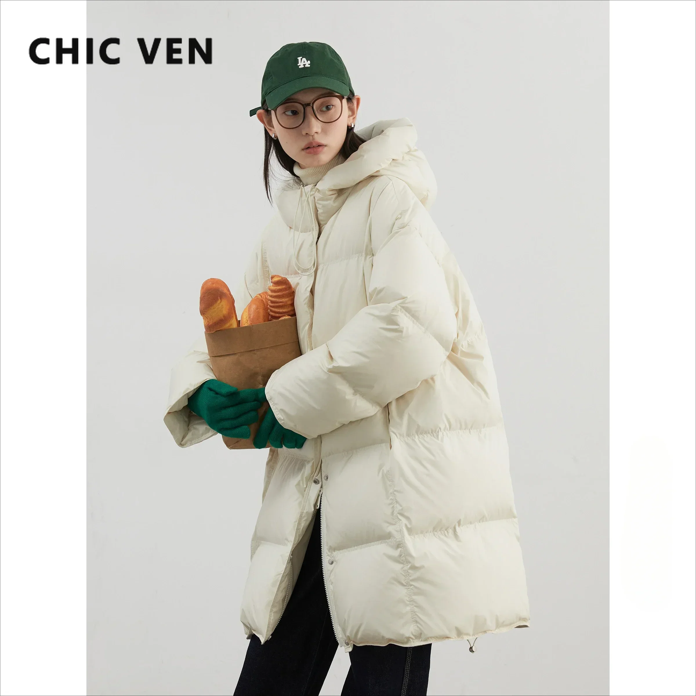CHIC VEN-Doudoune en Duvet de Canard Blanc pour Femme, Veste à Capuche Mi-Longue, Automne et Hiver 2024, Nouveau, 90