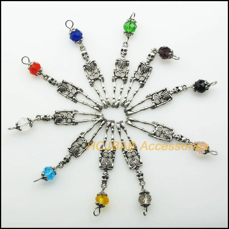 

10Pcs Mixed Round Crystal Antique Silver Color Skeleton Halloween Charms Pendants 9x39mm