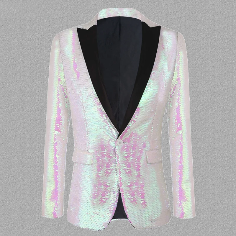 Pink Sequin Glitter Blazer Jacket Male 1 Button Patchwork Collar Shiny