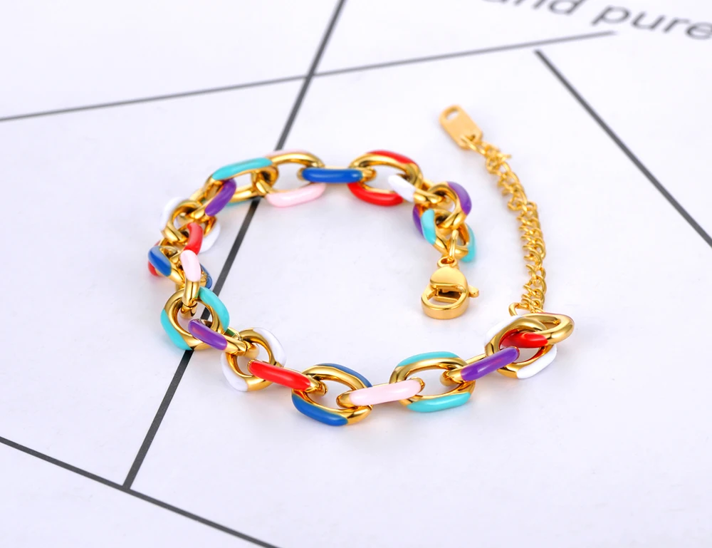 Lokaer Titanium Stainless Steel Chain & Link Bracelets Trendy 18k Gold Plated Colorful Glazed Charm Bracelet For Women B22038