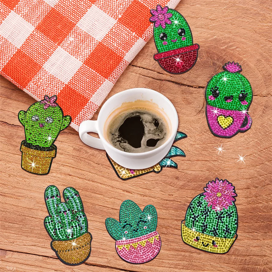 DIY diamond Handmade artwork cactus House eyeball Owl dog paw pattern Diamond painted coaster kit, holiday gift home kitchen dec